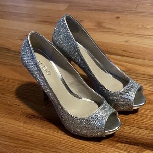 Aldo Silver Glitter Peep Toe Heels